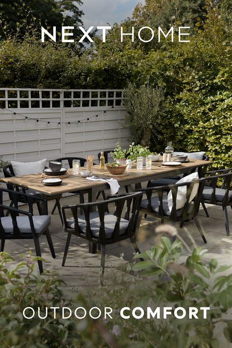 Summer means getting outside at any opportunity – including for those al fresco mealtimes. Entertaining is easy with a comfy garden set that seats everyone – and includes somewhere for them to put their drinks. Order now for delivery direct to your door.* (*T&Cs apply.) Backyard Dining Table, Grey Outdoor Furniture, Townhouse Garden, Dining Table And Chairs, Deck Designs Backyard, Outdoor Dining Spaces, Outdoor Table Settings, Garden Table And Chairs, Patio Garden Design