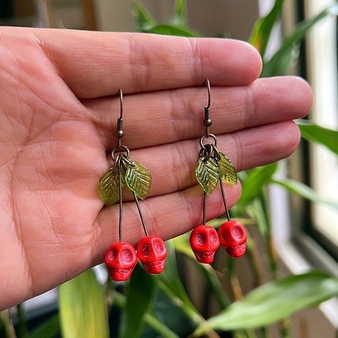 Faster shipping. Better service Shrinky Dink Jewelry, Wire Jewelry Rings, Fan Jewelry, Cherry Earrings, Gothic Earrings, Red Skull, Red Turquoise, Beaded Skull, Funky Jewelry