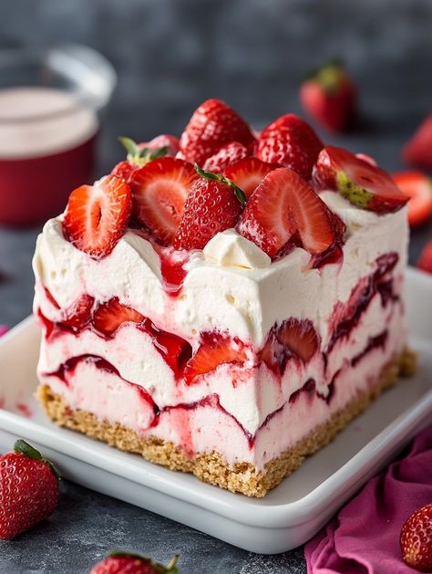 Ingredients: 2 lbs fresh strawberries, hulled and sliced 🍓 3 cups heavy whipping cream 🥛 1/2 cup powdered sugar 🍬 1 teaspoon vanilla extract 🍦 2 packages of vanilla wafer cookies or graham crackers 🍪 Whipped cream (for topping) 🍦 Whole strawberries (for garnish) 🍓  Directions: In a large mixing bowl, whip the heavy cream, powdered sugar, and vanilla extract until stiff peaks form. 🥄 Gently fold in half of the sliced strawberries into the whipped cream. 🍓 Strawberry Cream Cheese Filling, Vanilla Wafer Cookies, Strawberry Icebox Cake, Vanilla Wafer, Cake With Strawberry, Sliced Strawberries, Cake Slices, Paleo Recipes Dessert, Strawberry Dessert