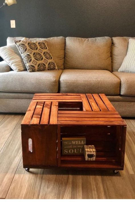 Crate Tables Coffee Tables, Wood Crate Side Table, Crate Coffe Table, Ottoman Inspiration, Pioneer Kitchen, Wood Crate Coffee Table, Wooden Crate Furniture, Diy Ottoman Coffee Table, Wooden Crate Coffee Table