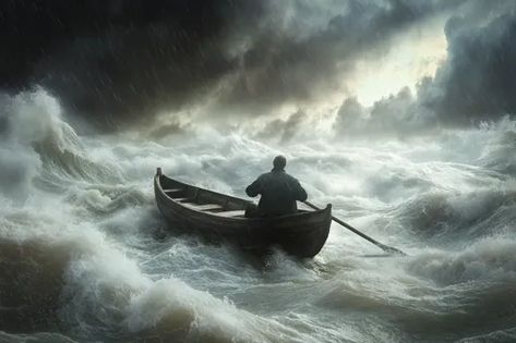 ↑↑↑ Larger size on website 🔸 A lone figure rows a small boat through a raging sea.  The waves are large and white-capped, and the Raging Sea, Dark And Stormy, Forces Of Nature, Dark N Stormy, Stormy Sea, Falling From The Sky, White Caps, Row Boat, Small Boats