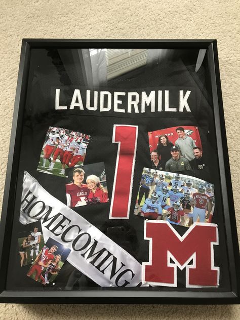 High School Football Jersey Shadow Box #shadowbox #seniorgift #football #pictures #framedjersey #jersey Jersey Display Ideas Diy, Football Jersey Display Ideas, Football Shadow Box Ideas, Sports Shadow Box Ideas, Football Jersey Shadow Box Ideas, Shadow Box Sports Ideas, Jersey Shadow Box Ideas, Sports Shadow Box Ideas High Schools, High School Sports Shadow Boxes