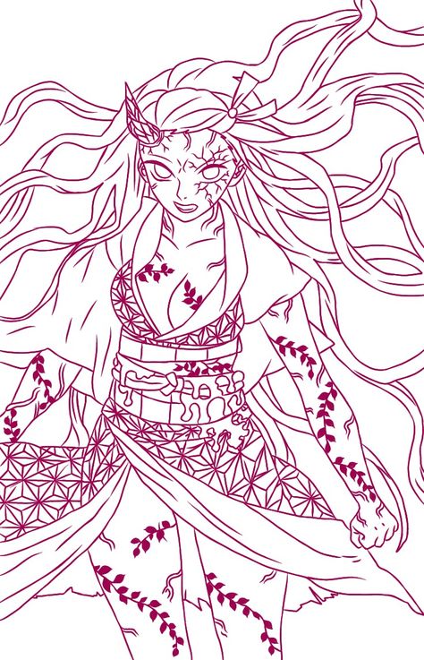 Nezuko Tattoo Stencil, Nezuko Stencil, Nezuko Coloring Page, Nezuko Lineart, Nezuko Tattoo Design, Outfit Template, Drawing Anime Bodies, Form Drawing, Anime Lineart