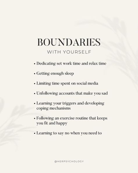 Her Psychology on Instagram: “Boundaries with yourself are the most important. Here are a few of mine that have had the biggest impact on my mental health and well being…” Boundaries With Yourself, Negative Feelings, Mental Health Therapy, My Mental Health, Mindfulness Techniques, Emotional Awareness, Learning To Say No, Mental And Emotional Health, Self Respect