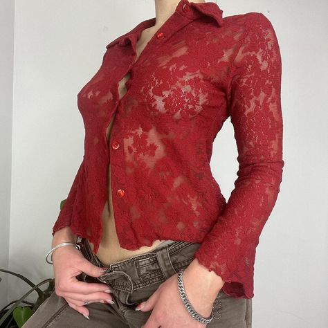 True vintage 90s y2k red lace mesh button up shirt... - Depop Red Lace Top Outfit, Red Button Up Shirt Outfit, Mesh Button Up Shirt, Button Shirt Outfit, Red Lace Shirt, Lace Undershirt, Mesh Button Up, Red Button Up Shirt, Red And Black Outfits