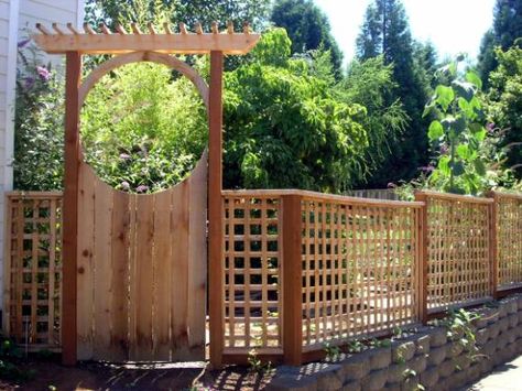 Garden Arbor With Gate, Moon Gates, Arbor Ideas, Fence Planning, Wooden Arbor, Garden Gate Design, Wood Fence Design, Wooden Gate, Trellis Fence