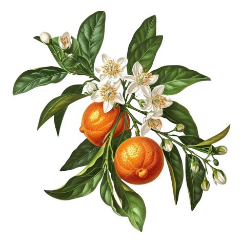 Orange Blossom Vintage, Orange Tree Branch Drawing, Orange Branch Illustration, Tangerine Tree Drawing, Orange Blossom Photography, Almonds Drawing, Orange Blossom Drawing, Orange Tree Flower, Tangerine Drawing