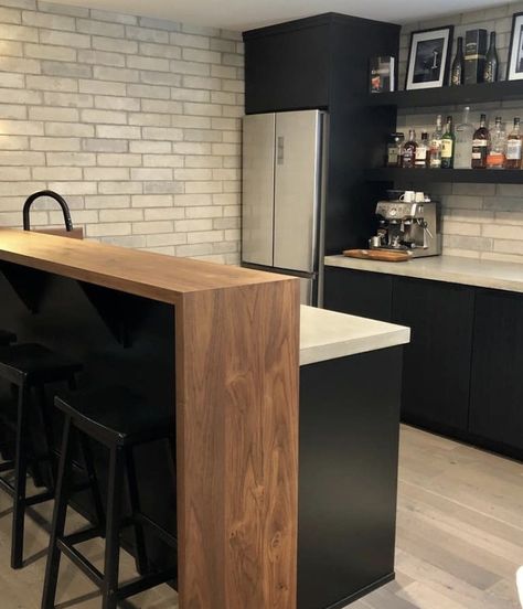 Two Level Countertop, Modern Kitchen Wood Countertops, Kitchen Countertop Bar Ideas, Floating Countertop Bar, Kitchenette Countertop Ideas, Add Bar To Kitchen Counter, Wood Top Bar Counter, Wood Waterfall Island Kitchen, Kitchen Bar Extension Ideas