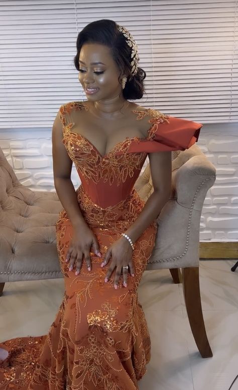 Orange African Dress, Orange Evening Dress, Nigerian Traditional Dresses, Orange Evening Dresses, Owambe Styles, Nigerian Dress, African Traditional Wedding Dress, African Party Dresses, Nigerian Lace Styles Dress