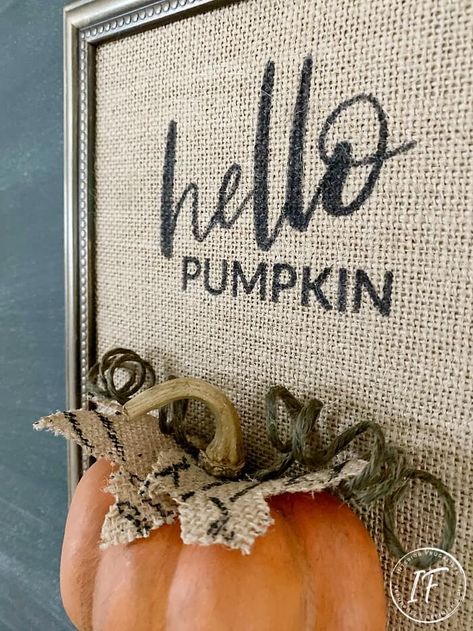 Print On Burlap, Hello Pumpkin Sign, Burlap Wall Art, Fall Pumpkin Sign, Framed Burlap, Burlap Signs, Diy Dollar Tree Decor, Fall Sign, Printing On Burlap