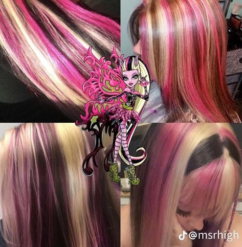 Monster high highlights hair color idea Monster High Hair Color, Scene Hair Dye Ideas, Monster High Hair Inspiration, Nepolian Hair, Monster High Hair Dye, Monster High Hairstyles, Neopaliton Hair, Mcbling Hairstyles, Hair Color Ideas Pink