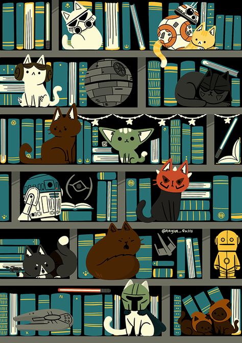 Cat And Book Wallpaper, Book Cartoon, Cats Illustration Wallpaper, Library Illustration, Books And Cats Wallpaper, Cat Library, Cat Books Wallpaper, Cat In Library, Cat Books Aesthetic