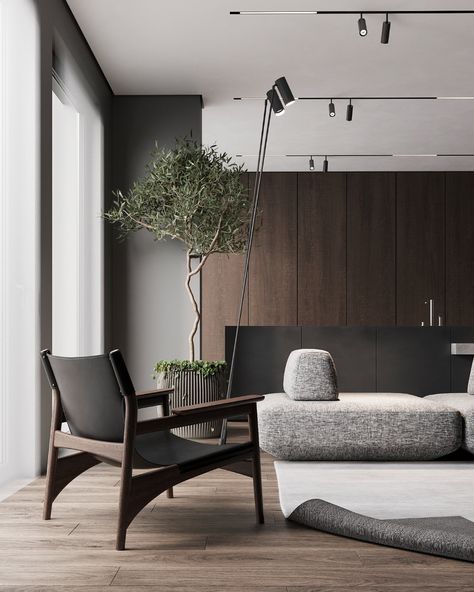 Black Wood Apartment, Japandi Minimalist Living Room, Black And Wood Interior Design, Black Japandi, Home Aesthetic Modern, Modern Home Aesthetic, Modern Decor Ideas, Japandi Living Room, Minimal Living Room