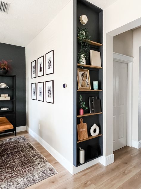 How to Turn a Nook into a Functional Display Case - XO My Home Small Corner Ideas Hallway, Functional Accent Wall, Living Room Cutout Wall, Diy Small Entryway Ideas, Transitional Accent Walls, Living Room Display Shelves, Small Nook Ideas Hallways, Display Case Ideas, Austin Lake