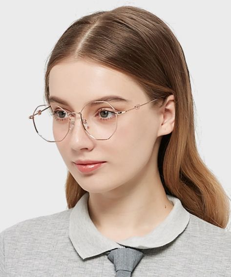 Megan Rose Gold Polygon Eyeglasses | CliCliMe.com Rose Gold Glasses, Megan Rose, Eyeglass Jewelry, Round Face Sunglasses, Rose Gold Frame, Abaya Designs, Round Eyeglasses, Women Rising, Men Eyeglasses