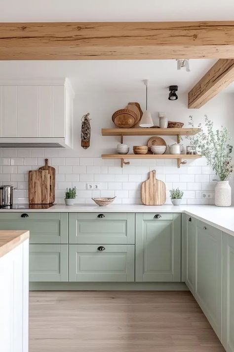 Scandinavian Kitchen Green Cabinets, Boho Kitchen With Island, Green Scandinavian Interior, Bright Kitchen Aesthetic, Kitchen Ideas White Countertops, Sage And Terracotta Kitchen, Sage Colored Kitchen, Cottage Kitchen Color Schemes, Scandi Kitchen Ideas Scandinavian Style