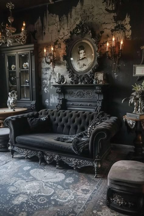 15 Gothic Living Room Interior Ideas You Will Love! - My Decor Inspo Goth Jungle Aesthetic, Fairy Goth Room, Whimsy Goth House Decor, Whimsy Goth Home, Goth Library, Goth Home Aesthetic, Dark Academia Living Room, Dark Academia Interior, Gothic Living Room