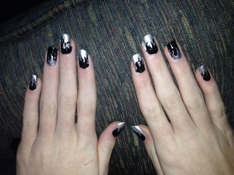 Black and silver flame nails Black And Silver Flame Nails, Silver Flame Nails, Nails With Flames, Flame Nails, Black And Silver, Silver Rings, Nails, Silver, Quick Saves