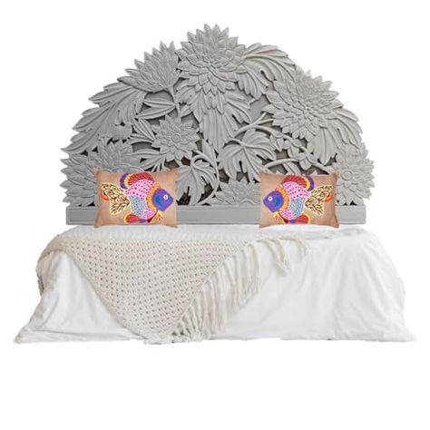 SMARTCAREWOOD Half-Moon headboard Sun Flower in Grey Wash | Bed Head Wall Art | Hand Made- Boho Bed Headboard | Tropical Home Décor Half Moon Headboard, Moon Headboard, Boho Bed Headboard, White Wash Bed, Boho Bed, Grey Bed, Tropical Home, Headboard With Lights, Kitchen Clothes