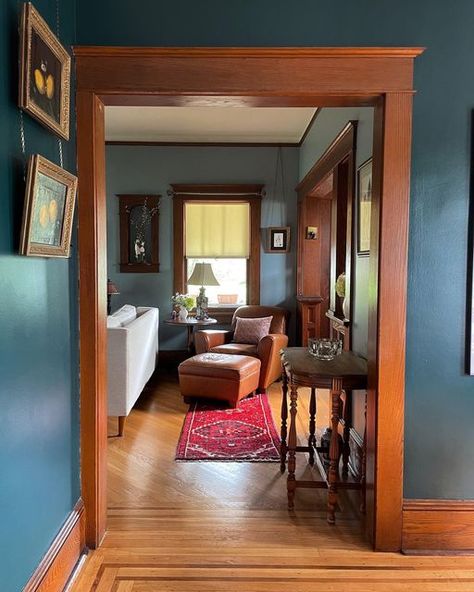 Blue Walls With Wood Trim, Blue Walls Wood Trim, Trim Around Ceiling, Church Esthetics, Mercer House, Natural Wood Trim, Stairs Trim, Dark Blue Trim, House Aesthetics