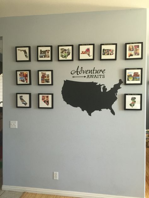 Travel wall - photo collages in the shape of each state we have traveled to. Printed on www.minted.com . Our goal is to get a picture up for every state in the US Travel Themed Room, Travel Room, Dekor Diy, Photo Collages, Collage Ideas, Bedroom Renovation, Picture Collage Wall, Wall Picture, Photo Wall Collage