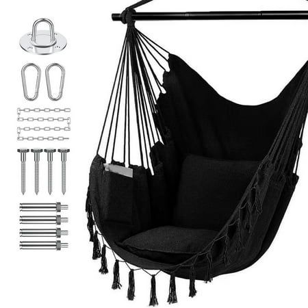 Features: -Enjoy a Comfortable Hammock Chair -Sturdy and Durable Hanging Chair -Oversize and Unique Design -Perfect for Indoor & Outdoor Use -Easy Assemble Specifications: Material: 65% cotton + 35% polyester, Steel Bar Color: Beige, Light Gray, Dark Gray, Black Weight: 7lbs Steel Bar Length: 39.3 in Chair Size: 51 x 40 inches Pillows Size: 17" x 17" Max Load: 265 lb The Set WithAccessories: 1x Tassel Hanging Chair 2x Pillows 1x Ceiling Mount 4x Expansion Screws 4x Self Tapping Screw 1x 59 in Ch Hanging Chair In Bedroom Black, Black Hanging Chair, Hanging Chair Black, Grunge Apartment Aesthetic, Hanging Chair In Bedroom, Hammock In Bedroom, Grunge Decor, Room Swing, Hanging Rope Chair