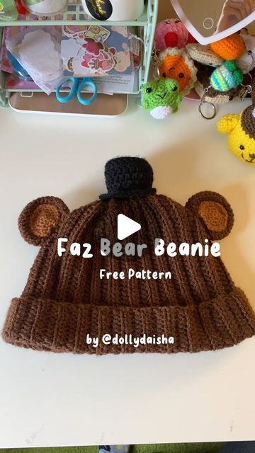 Free Crochet Patterns Beanie, Beanie Tutorial Crochet, Bear Beanie Crochet, Teddy Bear Hat Crochet Pattern Free, Fnaf Crochet Hat, Crochet Fnaf, Fnaf Crochet Pattern Free, Freddy Fazbear Crochet Pattern, Fnaf Crochet