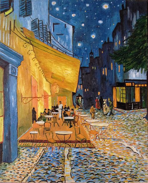 Van Gogh reproduction - cafe terrace at night #art #oilpainting #vangogh #reproduction فنسنت فان جوخ, Cafe Terrace At Night, Terrace At Night, Vincent Willem Van Gogh, Vincent Van Gogh Paintings, Cafe Terrace, Arte Van Gogh, Van Gogh Museum, Diego Rivera