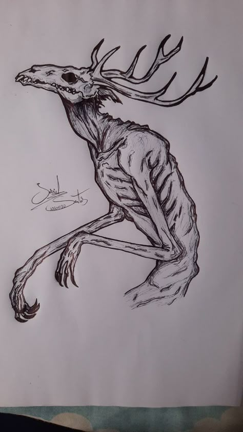 Mystic Creatures Drawings, Scary Animal Drawings, Creepy Monster Drawing, Gothic Drawings Easy, Deer Sketches, Deer Skull Drawing, Creepy Sketches, Nghệ Thuật Kinh Dị, Horror Drawing