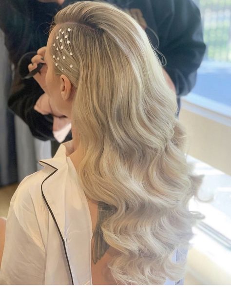 Pearl Wedding Hair Half Up, Wedding Hair With Rhinestones, Hair For Strapless Wedding Dress, Blond Bridal Hair, Bride Waves Hair, Vintage Wedding Hair Down, Hair Down Bridal Hairstyles, Slicked Back Wavy Hair, Bridal Hair Off The Shoulder Dress