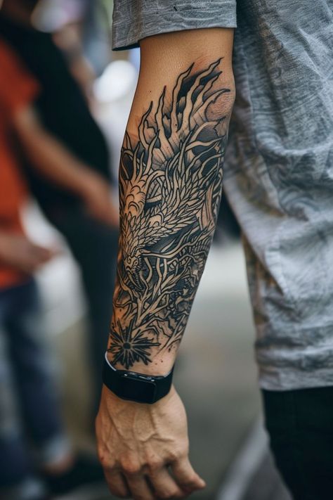 Mens Forearm Wrap Around Tattoo, Tattoo Ideas For Men Sleeve Meaningful, Men’s Forearm Sleeve, Forearm Sleeve Men, Forearm Tattoos Men Unique, Tattoo Forearm Ideas, Tattoo Ideas For Men Meaningful, Forearm Tattoos Men, Forearm Tattoo Ideas For Men