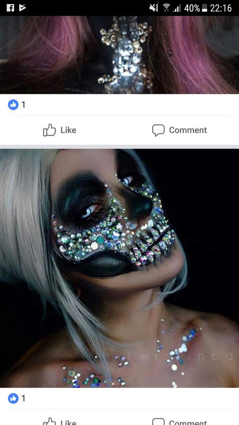 rhinestone diamond glitter scary dark skull Halloween makeup Skeleton Makeup Jewels, Bejeweled Halloween Makeup, Skull Gem Makeup, Skeleton Rhinestone Makeup, Skeleton Makeup Glam, Diamond Skeleton Makeup, Skeleton Makeup Rhinestones, Diamond Halloween Makeup, Mermaid Skull Makeup