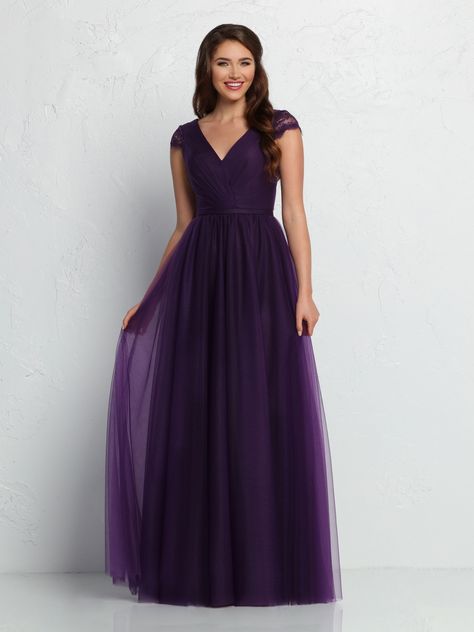 Tulle & Lace A-Line Bridesmaid Dress features a Ruched Tulle V-Neck Bodice with Sheer Lace Cap Sleeves & Sheer Lace Back with Keyhole. The Gathered Tulle A-Line Skirt has a Floor Length Hem. Prom Dress Dark Purple, Dark Purple Prom Dress Long, Lavender Dress Formal, Jewel Tone Dresses, Deep Purple Bridesmaid Dresses, Lilac Formal Dress, Dark Purple Bridesmaid Dresses, Jewel Tone Dress, Dresses Sparkle