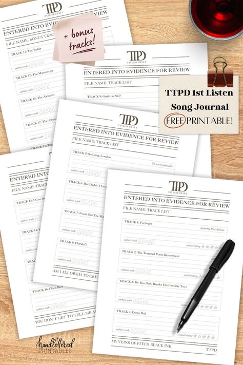 Whether you're hosting a listening party for the Taylor Swift TTPD album release this week or planning to listen solo with a box of tissues and wine, download this free printable TTPD song journal to record your takes on the songs and rate your favorite tracks on the album as you listen to The Tortured Poets for the first time! Song Journal, Hand Lettering Printables, Listening Party, Mini Booklet, Bingo Printable, Taylor Swift Album, Printable Letters, Passion Project, Album Releases