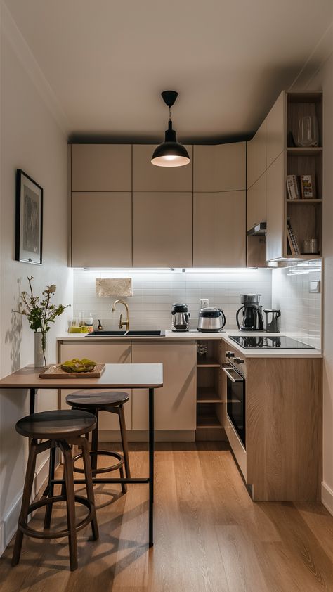 This layout is a powerhouse of features, packing everything into a small area that includes essential storage and workspace through sleek cabinetry and appliances. The compact kitchens usually look like a wall or a small L-shaped design, while focusing on vertical storage solutions such as tall cabinets or floating shelves. Light and neutral colors visually enhance the space, while under-cabinet lighting is good for functionality in modest spaces. L Shape Kitchen Design, Small L Shaped Kitchens, Shelves Light, Compact Kitchens, Tall Cabinets, Tiny Kitchen Design, Kitchen Layout Ideas, Small Kitchen Cabinets, Square Kitchen