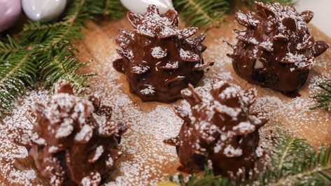 Chocolate Brownie Almond Pinecones  | Andy's East Coast Kitchen Brownie Pine Cones With Almonds, Brownie Pinecones With Almonds, Almond Pinecones, Banana Peanut Butter Chocolate, Lottie Moon, East Coast Kitchen, Coast Kitchen, Truffle Cookies, Peanut Butter Chocolate Bars