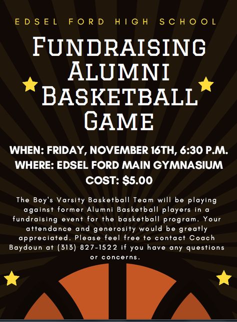 Basketball Fundraising Ideas, Student Council Fundraising Ideas, High School Fundraiser, Basketball Fundraiser, Sports Fundraisers, Alumni Events, School Pto, Edsel Ford, School Basketball