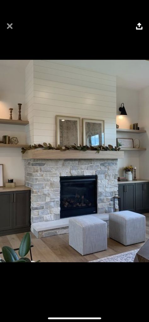 Stone And Millwork Fireplace, Fireplace With Rock And Shiplap, Half Wall Stone Fireplace, Stone And Shiplap Wall, Built Out Fireplace Wall Stone, Fireplace Stone Bottom Shiplap Top, Stone Vs Brick Fireplace, Stone Fireplace Half Way Up, Indoor Wood Fireplace