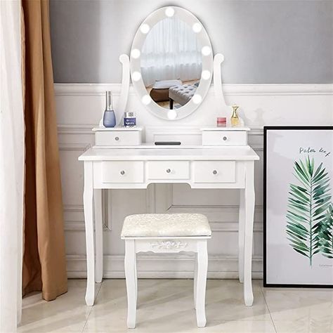 Vanity Table Set with Lighted Mirror, Makeup Dressing Table and Cushioned Stool Set with 5 Large Drawers for Women Girls (White-1) Small Vanity Table, Bedroom Vanity Set, Single Mirror, Mirror Stool, Vanity Benches, Dressing Table Desk, Dressing Table Vanity, Vanity Table Set, Makeup Table Vanity