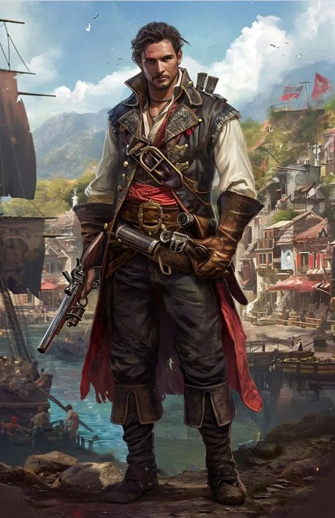 Indiana Jones Character Design, Swashbuckler Aesthetic, Musketeer Character Design, Pirate Man Art, Dnd Swashbuckler, Pirate Captain Character Design, D&d Pirate, Pirates Concept Art, Pirate Character Art Male