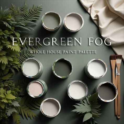 Sherwin Williams New Evergreen Fog Home Paint Palette, 2023 New Evergreen Fog Color Scheme, Whole House Paint Colors, Paint Palette, Sw 9130, paint colors, sherwin williams, paint palette, home color scheme, home paint colors, evergreen fog, sw 9130 color, 2022 color of the year, sage green palette, earth tones, Natural Home Paint, Concept Colors, Etsy Paint Palette, Evergreen Fog Coordinating Colors, Whole House Paint, Paint Guide, Farmhouse Paint, Trend Home Paint, Evergreen Fog Wall Paint Sherwin Williams Evergreen Fog, Evergreen Fog, House Color Palettes, Green Paint Colors, Paint Color Palettes, House Color Schemes, House Paint, Decoration Inspiration, Paint Palette