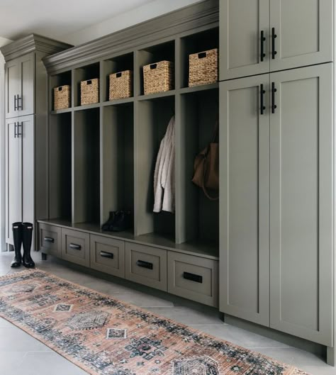 Cabinet color- Cocoon by Sherwin Williams Designer: Milly Jane Studio Cloakroom Storage, Mudroom Remodel, Mudroom Cabinets, Mud Room Entry, Mudroom Lockers, Mudroom Decor, Mudroom Entryway, Casa Country, Mudroom Laundry Room