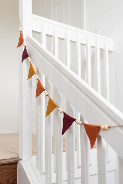 Colorful fall themed banner with goldenrod, burgundy, and pumpkin spice orange flags. Fun addition to your home this Thanksgiving, your baby's nursery, or just everyday! Includes two wooden beads between each flag on twine with looped ends. Approximately 5ft long. Flags measure 4x4.5". Fall Garland Diy, Diy Fall Garland, Fall Bunting, Pendant Banner, Lady Decluttered, Garland Ideas, Fall Banner, Diy Thanksgiving, Fall Garland