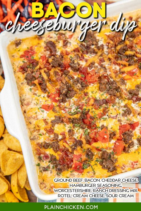 Bacon Cheeseburger Dip Recipe - this dip is the ultimate crowd-pleaser. Loaded with ground beef, crispy bacon bits, cheddar cheese, Rotel, cream cheese, sour cream, and a medley of seasonings, it's a taste sensation that'll have your guests coming back for more. Perfect for game day, parties, or any get-together. This is the kind of dip that disappears in no time! Burger Dip Recipes, Ground Beef Tailgate Recipes, Appetizer Recipes With Bacon, Recipes With No Cheese, Hamburger Cream Cheese Recipes, Recipes With Bacon Bits, Dips With Ground Beef, Ground Beef Dip Recipes, Appetizers With Ground Beef