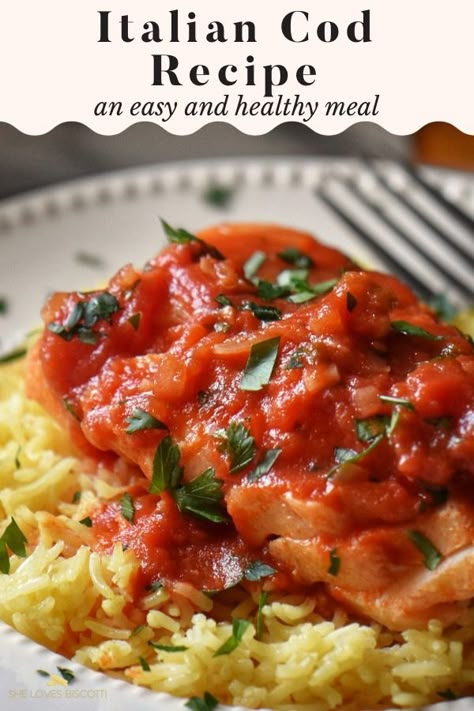 Italian cod fish on a bed of rice. Fish With Marinara Sauce, White Fish In Tomato Sauce, White Fish With Tomatoes, Cod With Marinara Sauce, Cod In Red Sauce, Cod With Tomato Sauce, Cod In Tomato Sauce Recipe, Fish Tomato Sauce Recipe, Fish Tomato Recipe