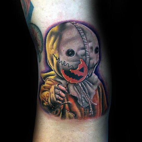 Sam Trick R Treat Tattoo, Trick Or Treat Tattoo, Trick R Treat Tattoo, Movie Character Tattoos, Fancy Tattoo, Horror Sleeve, Sam Tattoo, Tattoo Nightmares, Horror Tattoos