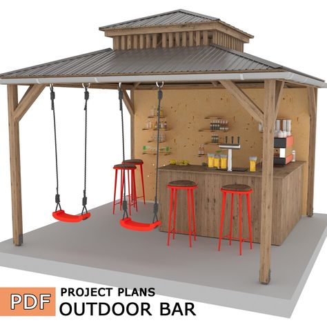 "Are you new to woodworking? If so, this project is perfect for you! The joints and cuts required are simple and beginner-friendly, and with step-by-step instructions, you can easily build a stunning outdoor bar without any fuss or worry. With these detailed DIY plans, you can make the most of your outdoor space and create a beautiful addition that will be the envy of your neighbors. Get ready to take your outdoor space to the next level with a brand new addition! These build plans, along with a 3D model, provide comprehensive DIY instructions to help you create an impressive and functional outdoor feature. Follow the steps carefully, and you'll be well on your way to building a fantastic addition to your backyard. External dimensions (approx.) Width - 3.8m(151.5\") Depth - 3.8m(151.5\") H Outdoor Restaurant Decor Ideas, Outdoor Bar Design, Outdoor House Party, Bar Backyard, Bar En Plein Air, Bar Plans, Bar Outdoor, Build Plans, Outdoor House