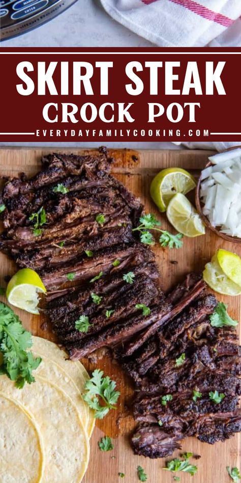 Are you a steak lover? This easy Father's Day main dish recipe can astound you! Try this slow-cooked skirt steak recipe if you're craving a delicious, savory meal that melts in your mouth! Pin this easy Father's Day recipe now! Dinner Ideas With Skirt Steak, Skirt Steak Dinner Ideas Crockpot, Skirt Steak Slow Cooker, Skirt Steak Tacos Crockpot, Beef Skirt Recipes Slow Cooker, Skirt Steak Recipes Crockpot Slow Cooker, Skirt Steak Slow Cooker Recipes, Steak Skirt Recipes, Crockpot Skirt Steak