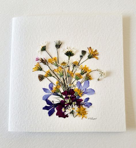 Unique, individually handmade pressed flower greeting card. Materials: Aquafine textured watercolour paper and pressed flowers.  A 10cm square greeting card, featuring a beautiful cluster of dandelions, daisies, lobelia and other foliage, set on textured paper. An ideal card for somebody special. The card is blank inside and a brown kraft envelope is included. The paper used is made from 100% pure wood pulp and is acid free. *Please note that there may be some rough edges on the paper, this is b Flower Greeting Card, Flower Card, Watercolour Paper, Textured Paper, Pressed Flower, Brown Kraft, Art Club, Flower Cards, Kraft Envelopes