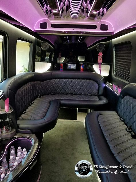 Black 2016 Mercedes Benz Sprinter Limousine Limousine Interior, Black Car Service, Luxury Van, Wedding Transportation, Luxury Car Interior, Van Interior, Party Bus, Benz Sprinter, Sprinter Van